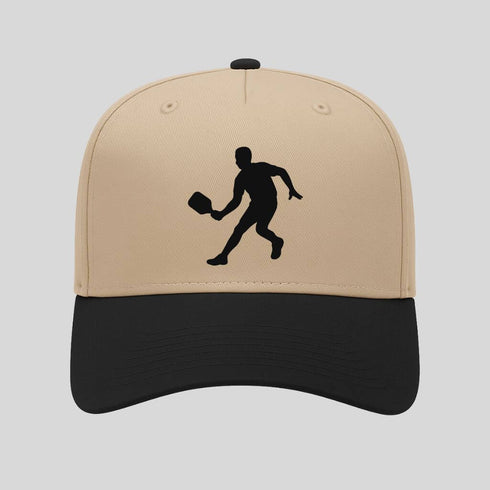Beige and black cap with a black silhouette of a person on a gray background